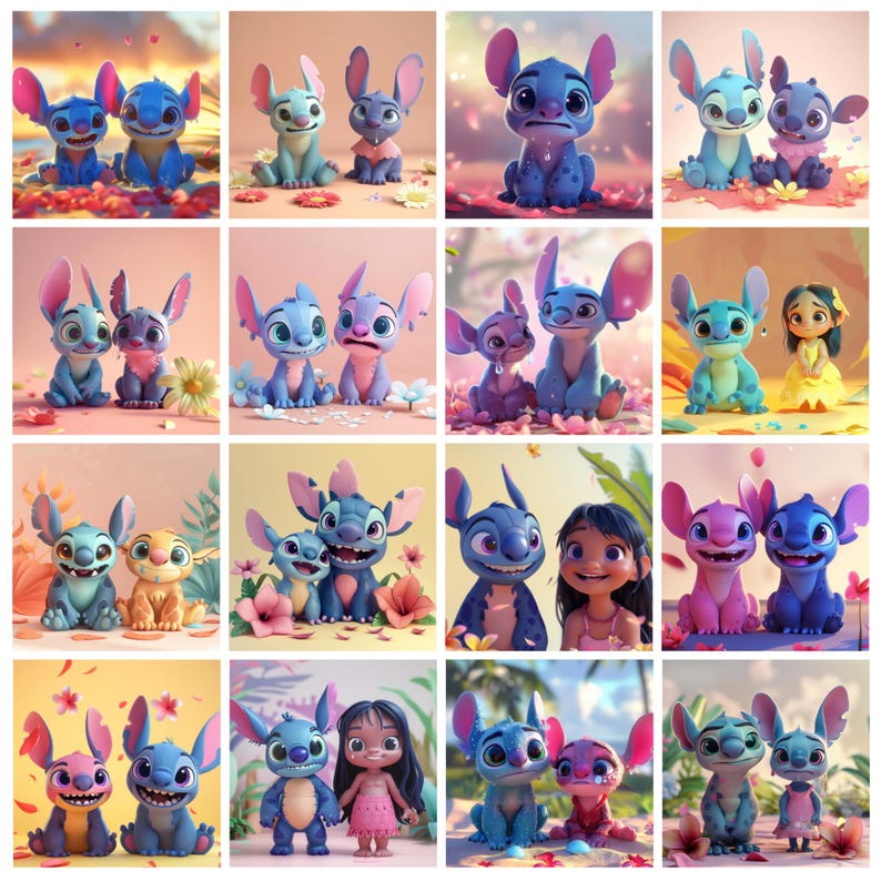 K&ouml;nnte beinhalten: Eine Sammlung farbenfroher, digital gerenderter Bilder mit der Figur Stitch aus dem Animationsfilm Lilo & Stitch. Die Bilder zeigen Stitch in verschiedenen Posen, oft mit anderen Charakteren, vor floralen und pastellfarbenen Hintergr&uuml;nden.