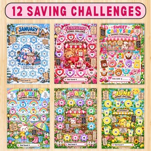 May include: A set of 12 savings challenge sheets featuring colorful illustrations for each month. Each sheet includes themed graphics like snowmen, hearts, candy, rainbows, flowers, and lemonade, with numbered circles for tracking savings goals.