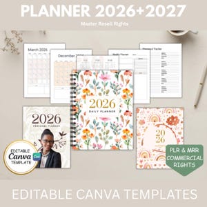 Puede incluir: Una colección de plantillas de planificador para 2026 y 2027, con un planificador diario con diseño floral. La imagen incluye varios diseños de calendario, un rastreador de contraseñas y un planificador personal. El texto incluye "Master Resell Rights" y "Editable Canva Templates."