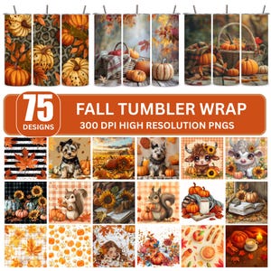 Op de afbeelding: Een verzameling van 75 herfst-thema tumbler wrap ontwerpen. De ontwerpen bevatten pompoenen, herfstbladeren en dieren. De afbeelding bevat de tekst "FALL TUMBLER WRAP" en "300 DPI HIGH RESOLUTION PNGS".