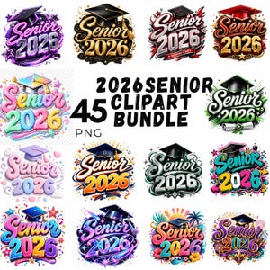 Puede incluir: Una colección de diseños de imágenes prediseñadas coloridas con el tema de graduación "Senior 2026". Los diseños presentan gorras de graduación, estrellas y fuentes decorativas en varios estilos y colores, incluyendo morado, dorado y rosa. También está presente el texto "2026 Senior Clipart Bundle".