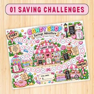 May include: A colorful Candy Shop savings challenge board game featuring a path with dollar amounts, a central candy store illustration, a gumball machine, and motivational text like "Small Steps, Sweeter Tomorrow" and "Total Saved: $".