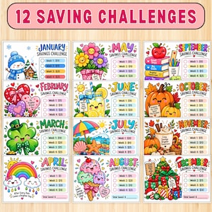 May include: A set of 12 monthly savings challenge cards featuring colorful illustrations for each month, including a snowman for January, hearts for February, a shamrock for March, a rainbow for April, flowers for May, lemonade for June, a beach scene for July, ice cream for August, school supplies for September, pumpkins for October, a warm drink for November, and Christmas gifts for December.