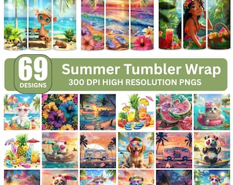 Sommarpaket med tumblers i sjal: Strandvibbar, 20oz smal tumbler i PNG-format (digital nedladdning)