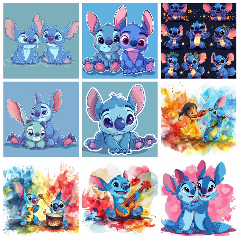 K&ouml;nnte beinhalten: Eine Sammlung von neun Bildern mit der blauen Alien-Figur Stitch aus dem Animationsfilm Lilo & Stitch. Die Bilder zeigen Stitch in verschiedenen Posen, darunter Umarmungen, das Spielen von Instrumenten und die Interaktion mit anderen Charakteren. Die Kunstwerke sind farbenfroh und lebendig.