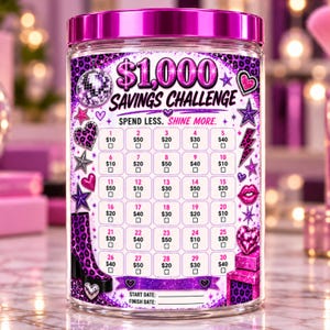 May include: A clear glass jar with a metallic pink lid featuring a $1,000 Savings Challenge label. The design includes purple leopard print, disco balls, stars, hearts, and a boot graphic with numbered boxes from 1 to 30 and dollar amounts.