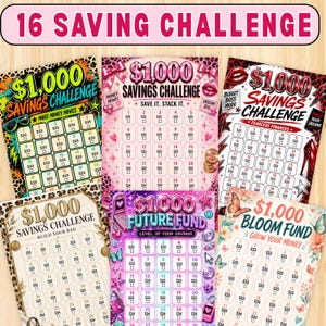 Puede incluir: Cinco rastreadores de desafíos de ahorro de papel rectangulares con varios diseños gráficos, incluyendo estampado de leopardo, patrones florales y texto en negrita como $1,000 Savings Challenge, cada uno con cuadrículas numeradas y casillas de verificación.