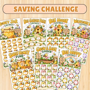 May include: A collection of seven paper saving challenge trackers featuring bee and garden themes. Each sheet displays colorful illustrations of honey jars, beehives, flowers, and bees, with circular spaces labeled with dollar amounts for tracking savings goals.