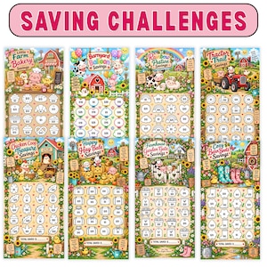 Op de afbeelding: Een set van acht kleurrijke spaarchallenge-trackers met boerderij-illustraties zoals schuren, dieren en gewassen. Elk blad bevat vormen met geldbedragen om de voortgang bij te houden, bovenaan voorzien van de tekst SAVING CHALLENGES.
