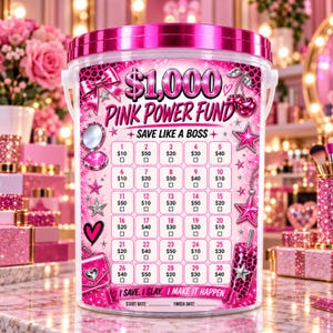 May include: A clear plastic savings challenge jar with a pink lid, featuring the text $1,000 PINK POWER FUND SAVE LIKE A BOSS I SAVE. I SLAY. I MAKE IT HAPPEN. The jar includes a grid of 30 numbered boxes with dollar amounts.