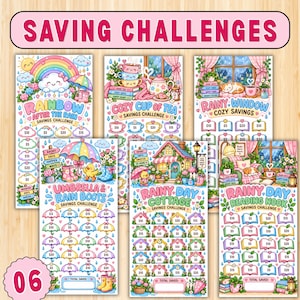 May include: Six colorful savings challenge trackers featuring illustrations of rainbows, tea cups, rainy windows, umbrellas, rain boots, cottages, and reading nooks. Each sheet includes dollar amounts for tracking progress with a total saved box.