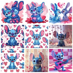 K&ouml;nnte beinhalten: Eine Collage von Bildern mit der blauen Alien-Figur Stitch aus Lilo & Stitch. Die Bilder zeigen Stitch in verschiedenen Posen, einige mit Herzen, und einen, der eine rosa Gitarre spielt. Die Farbpalette ist haupts&auml;chlich blau, rosa und wei&szlig;.