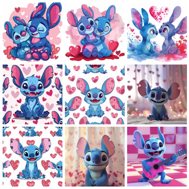 K&ouml;nnte beinhalten: Eine Collage von Bildern mit der blauen Alien-Figur Stitch aus Lilo & Stitch. Die Bilder zeigen Stitch in verschiedenen Posen, einige mit Herzen, und einen, der eine rosa Gitarre spielt. Die Farbpalette ist haupts&auml;chlich blau, rosa und wei&szlig;.