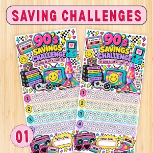 May include: Two identical vertical paper sheets titled 90's SAVINGS CHALLENGE with the text SAVE $1 AT A TIME. The design features colorful 90s-themed illustrations including a cassette tape, handheld game console, television, lava lamp, and roller skate, alongside rows of circles labeled with $1 symbols for tracking savings.
