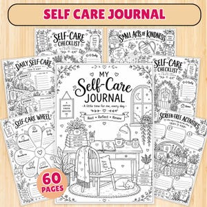Peut inclure: Un journal de soins personnels de 60 pages avec des illustrations au trait en noir et blanc. La couverture montre un bureau avec une lampe, des livres, une tasse et un chat, avec le texte My Self-Care Journal, A little time for me, every day.
