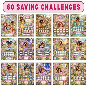 May include: A collection of 60 saving challenge sheets titled 60 SAVING CHALLENGES, featuring colorful illustrations of children in garden settings, numbered circles for tracking savings, and various inspirational text headers for each week.
