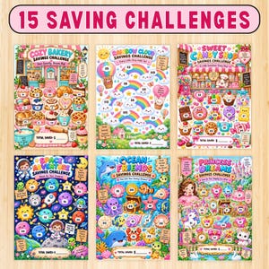 May include: A collection of six colorful savings challenge sheets featuring themes like Cozy Bakery, Rainbow Cloud, Sweet Candy Shop, Space Adventure, Ocean Friends, and Princess Dreams, each with numbered icons for tracking financial goals.