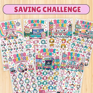 May include: A collection of seven colorful paper saving challenge trackers featuring themes like roller skates, drive-in movies, retro diners, vintage motels, disco dreams, arcade fun, and soda shops, all with various dollar amount icons.