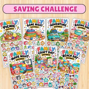 May include: A collection of seven colorful Saving Challenge cards featuring themes like Family Picnic, Game Night, Adventure, Baking Day, Movie Night, Craft Day, and Beach Day. Each card displays themed illustrations and various dollar-amount icons.