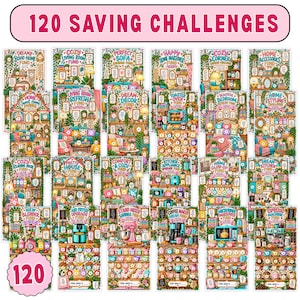 May include: A collection of 120 saving challenges printed on individual cards, each featuring colorful illustrations of home decor, furniture, and kitchen appliances with designated spaces for tracking financial progress.