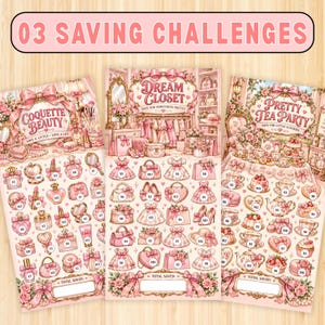 May include: Three rectangular paper saving challenge trackers with pink and cream illustrations. The left sheet is titled Coquette Beauty, the center Dream Closet, and the right Pretty Tea Party. Each features small icons with dollar amounts.