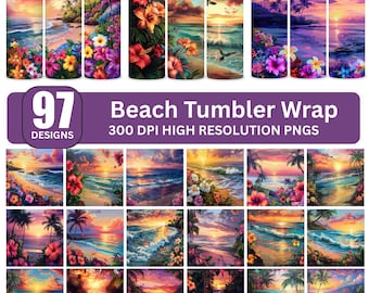 Strand Tumbler Wrap Bundle: Tropische Sonnenuntergang Sublimation Designs (PNG JPG Digital Download)