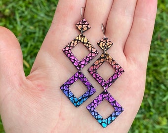 Rainbow Metallic Crackle Square Diamond Geometric Dangles