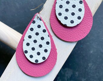 Polka Dot Earrings - Pink, Black, and White Layered Teardrops - Spring Jewelry