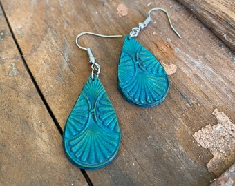 Turquoise Leather Earrings Hand Tooled Hand Painted Shell Design