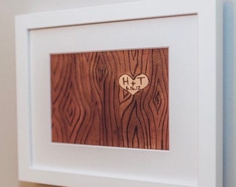 3rd Anniversary Leather Art Gift for Third Anniversary Personalized With Custom Initials Tree Carved With Heart