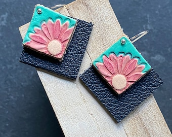 Flower Earrings Pink and Turquoise Diamond Shape Square Hand Tooled Layered Leather