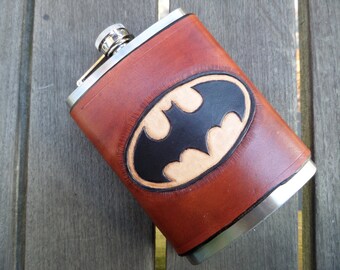 Leather Flask - Hand Tooled - Super Hero - Batman - Groomsmen Gift - Wedding Party Gift