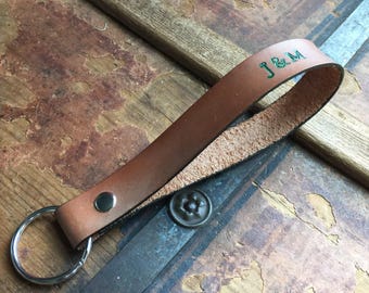 Leather Key Fob - Key Ring - Custom Initials, Date, or Name - Loop Fob Personalized Key Fob - Taupe and Green - Leather Keychain - Wrist Fob