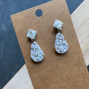 White Sparkle Glitter Small Dangle Studs image 1