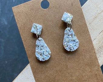 White Sparkle Glitter Small Dangle Studs