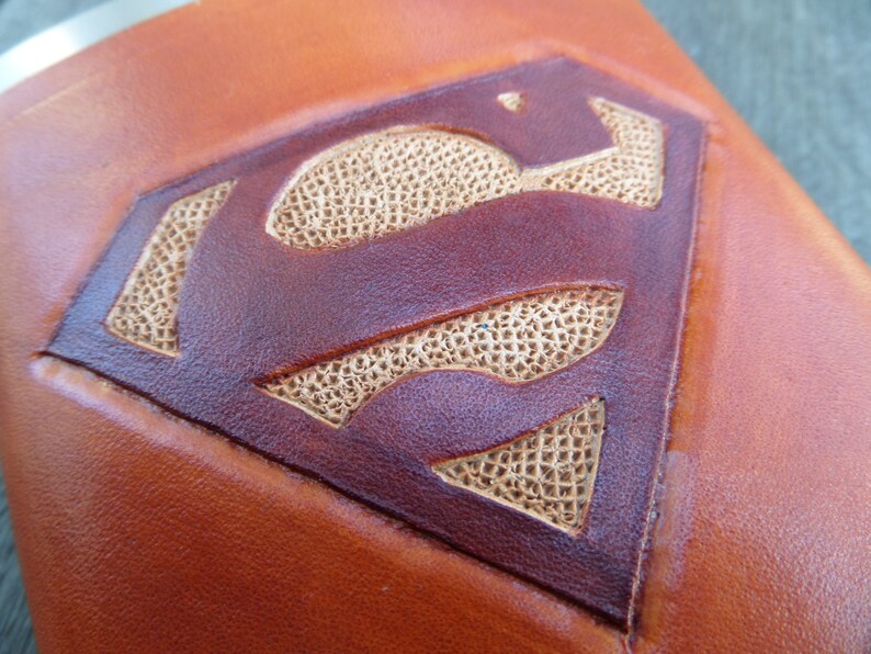 Leather Flask Hand Tooled Super Hero Superman Groomsmen Gift Wedding Party Gift image 2