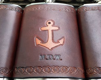 Custom Leather Flask - Personalized Flask -  Groomsmen Gift - Groomsman Flask - Hand Tooled Leather Flask - Custom Initials