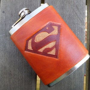 Leather Flask Hand Tooled Super Hero Superman Groomsmen Gift Wedding Party Gift image 1