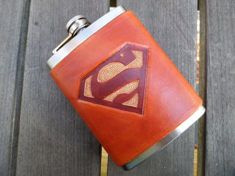 Leather Flask Hand Tooled Super Hero Superman Groomsmen Gift Wedding Party Gift image 1
