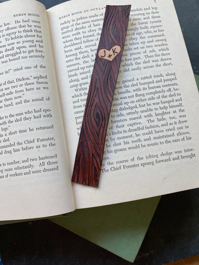 3rd Anniversary Personalized Leather Bookmark Wood grain Heart and Custom Initials Carved into a Tree Sweet hearts, Best friends image 5