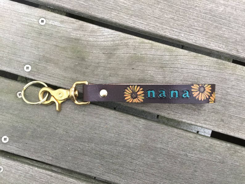 Personalized Leather Key Fob Leather Keychain Nana Gift Sunflowers Custom Key Fob image 3