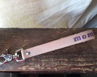 Mother's Day Gift - Leather Key Fob - Keychain for Mom - Purse Clip -Wristlet Strap - Taupe and Purple