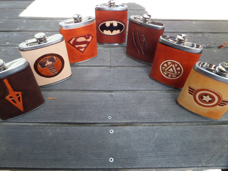 Leather Flask Hand Tooled Super Hero Superman Groomsmen Gift Wedding Party Gift image 4