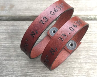 Custom Coordinates Leather Cuff – Hand Engraved Latitude Longitude Bracelet