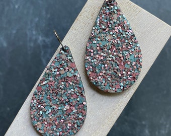 Blush and Gray Sparkle Glitter Teardrop Dangles