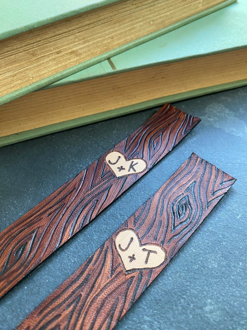 3rd Anniversary Personalized Leather Bookmark Wood grain Heart and Custom Initials Carved into a Tree Sweet hearts, Best friends image 2