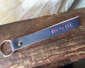 Mother's Day Gift Leather Key Fob - Keychain Gift for Mom - Gray and Pink