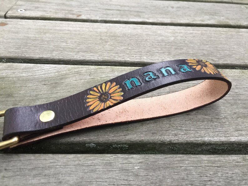 Personalized Leather Key Fob Leather Keychain Nana Gift Sunflowers Custom Key Fob image 4