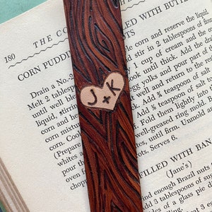 3rd Anniversary Personalized Leather Bookmark Wood grain Heart and Custom Initials Carved into a Tree Sweet hearts, Best friends image 1