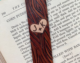 3rd Anniversary Personalized Leather Bookmark Wood grain Heart and Custom Initials Carved into a Tree - Sweet hearts, Best friends